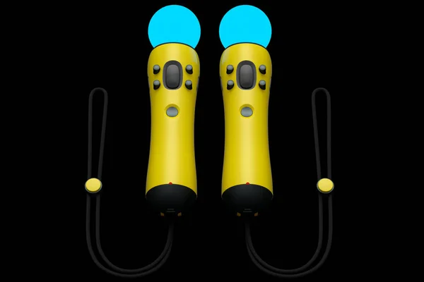 Virtual reality yellow controllers for online and cloud gaming on black background. 3D rendering of device for augmented reality or VR