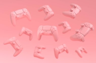 Uçan oyun joystickleri ya da pembe arka planda bulanık oyun bloknotları. Canlı yayın konsepti üst görünümü için 3d aksesuar hazırlama