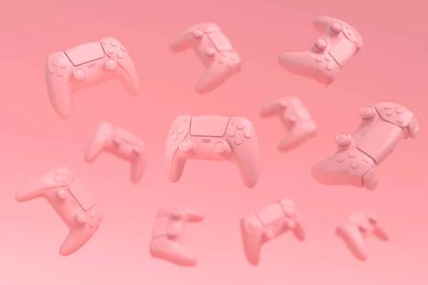 Repülő Játékos Joysticks Vagy Gamepads Rózsaszín Alapon Elmosódott Kiadás Tartozékok — Stock Fotó