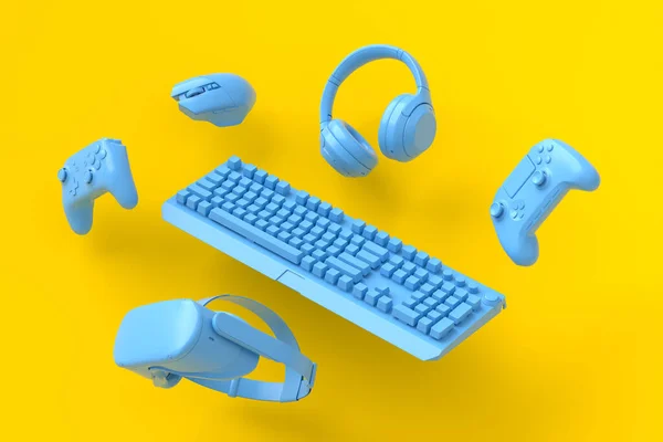 Flygande spelutrustning som tangentbord, joystick, hörlurar, VR-glasögon, mikrofon — Stockfoto