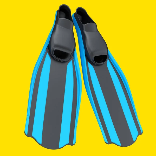蓝色潜水鳍在黄色上隔离。潜水设备的3D渲染 — 图库照片