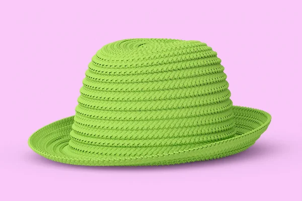 Chapeau de plage en paille verte vintage isolé sur fond rose et protection solaire — Photo