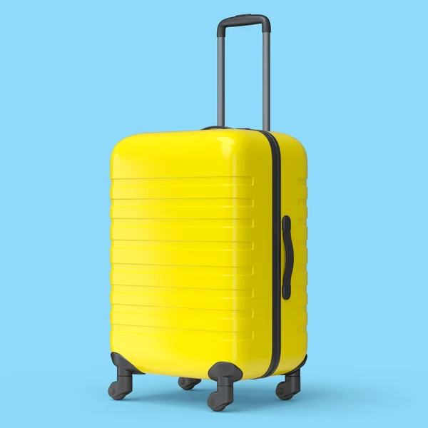 Petite valise en polycarbonate jaune isolée sur fond bleu. — Photo