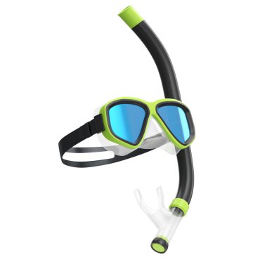 Yeşil dalış maskesi ve şnorkel beyaz arka planda izole edilmiş. 3D dalış ve şnorkelle yüzme ekipmanı