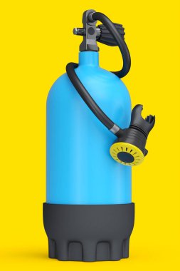 Mavi dalış tankı sarı arka planda izole edilmiş şnorkelle yüzmek için tam oksijen. Yaz tatili için 3D dalış ve spor malzemesi.