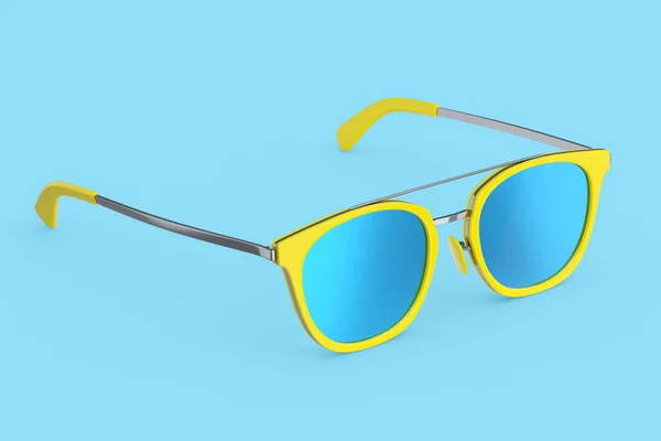 여름에 배경을 렌즈와 파란색 플라스틱 프레임 현실적 선글라스 여행에 햇빛에 — 스톡 사진