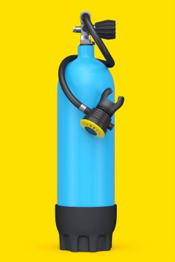 Mavi dalış tankı sarı arka planda izole edilmiş şnorkelle yüzmek için tam oksijen. Yaz tatili için 3D dalış ve spor malzemesi.