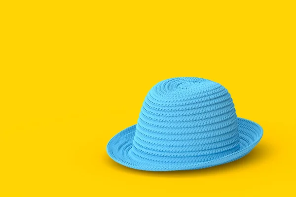 Vintage Μπλε Ψάθινο Καπέλο Παραλίας Απομονωμένο Κίτρινο Φόντο Καθιστούν Την — Φωτογραφία Αρχείου
