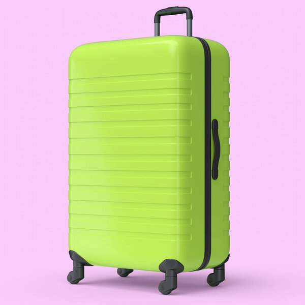 Большой зеленый поликарбонат чемодан изолирован на розовом фоне. 3d визуализация концепции провоза багажа или багажа