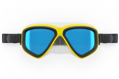 Sarı dalış maskesi beyaz arka planda izole edilmiş. 3D dalış ve şnorkelle yüzme ekipmanı