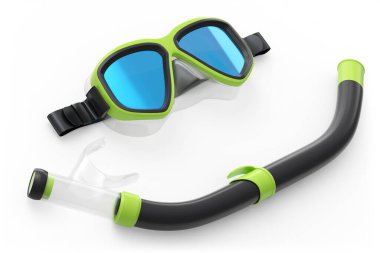 Yeşil dalış maskesi ve şnorkel beyaz arka planda izole edilmiş. 3D dalış ve şnorkelle yüzme ekipmanı