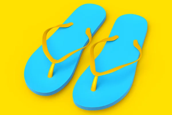 在黄色背景下隔离的海滩蓝色翻边或凉鞋 暑期家庭假的概念 — 图库照片