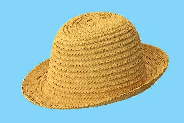 Chapeau Plage Vintage Paille Isolé Sur Fond Bleu Rendre Concept — Photo