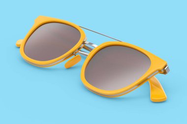 Yazın mavi arka planda kullanmak üzere gradyan lens ve turuncu plastik çerçeveli gerçekçi güneş gözlüğü. 3D Aile Seyahat Konsepti ve Gözler Güneşe Koruma