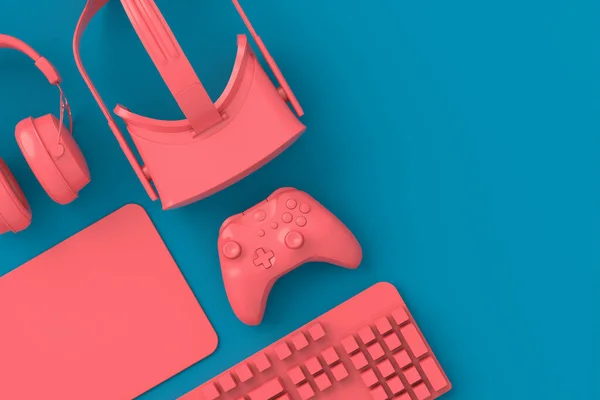 Oyun Alanının Üst Görüntüsü Fare Klavye Joystick Mavi Pembe Masa — Stok fotoğraf