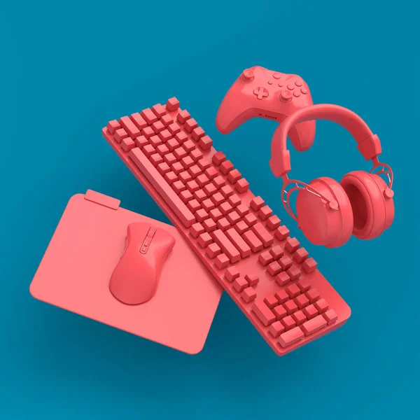 게임을 사람은 마우스 헤드폰 키보드 조이스틱처럼 파란색 분홍색 렌더링된 라이브 — 스톡 사진