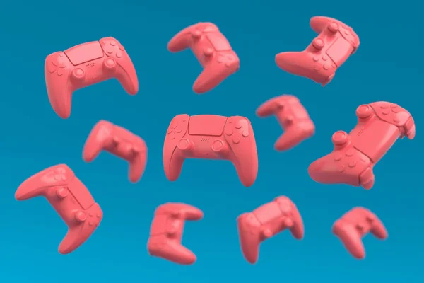 Joysticks Gamer Voador Gamepads Fundo Azul Rosa Com Borrão Renderização — Fotografia de Stock