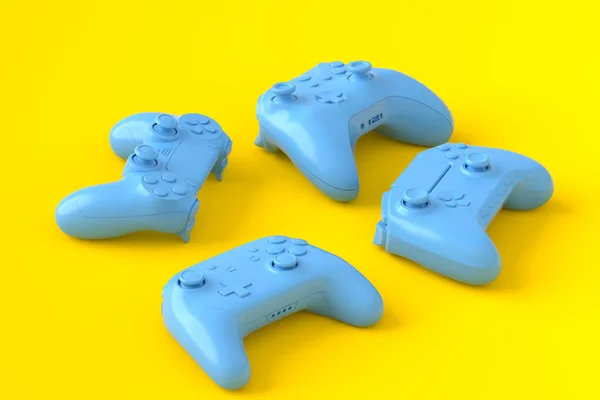 Conjunto Joysticks Jugador Azul Monocromo Acostado Gamepads Sobre Fondo Amarillo —  Fotos de Stock