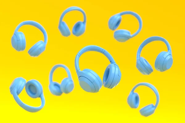 Auriculares Auriculares Gamer Azules Voladores Sobre Fondo Amarillo Representación Accesorios — Foto de Stock