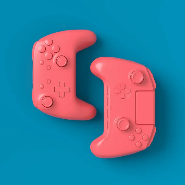 Conjunto Joysticks Jugador Monocromo Acostado Gamepads Sobre Fondo Azul Rosa —  Fotos de Stock