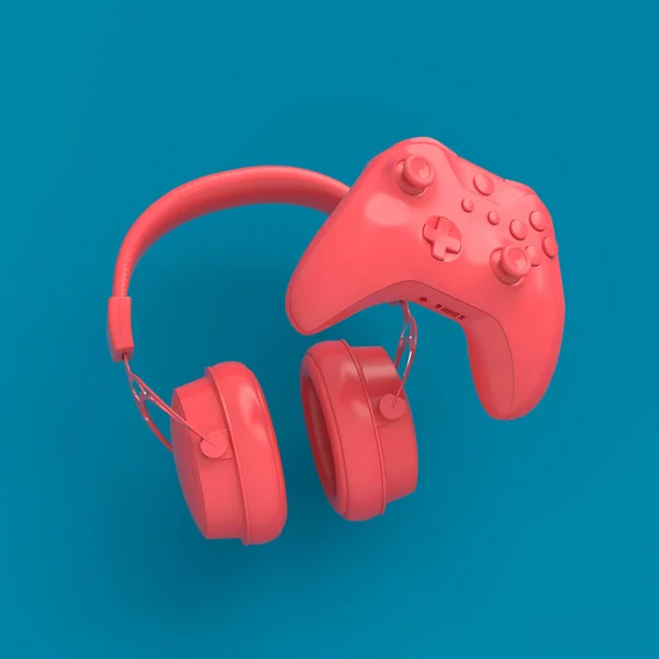 Flying Monochrome Gamer Gears Headphones Joystick Blue Pink Background Rendering — Stock Photo, Image