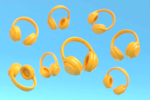 Auriculares Auriculares Gamer Voladores Sobre Fondo Azul Amarillo Representación Accesorios — Foto de Stock