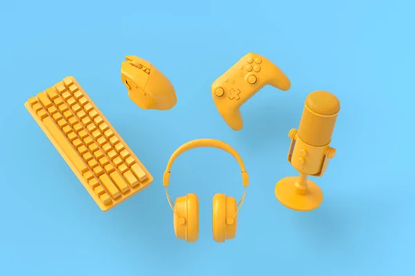 Flying Gamer Engranajes Monocromáticos Como Ratón Teclado Joystick Auriculares Auriculares —  Fotos de Stock