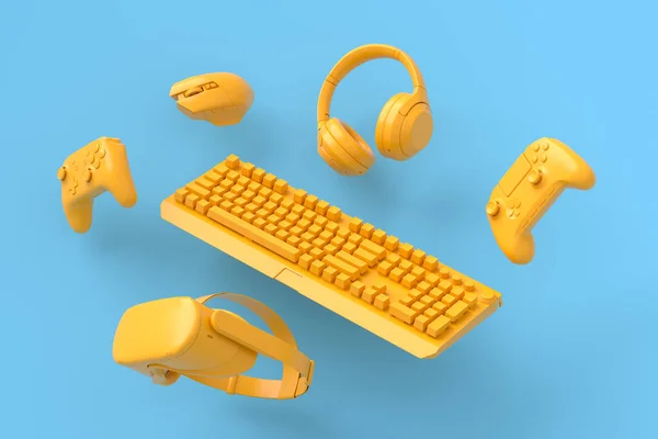 Flying Gamer Engranajes Monocromáticos Como Teclado Joystick Auriculares Gafas Micrófono —  Fotos de Stock