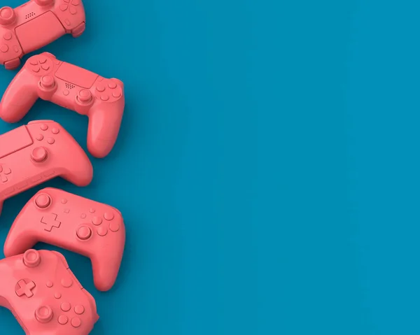 Conjunto Joysticks Gamepads Monocromáticos Mentirosos Sobre Fondo Azul Rosa Representación — Foto de Stock