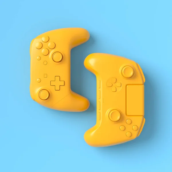 Conjunto Joysticks Jugador Monocromo Acostado Gamepads Sobre Fondo Azul Amarillo —  Fotos de Stock