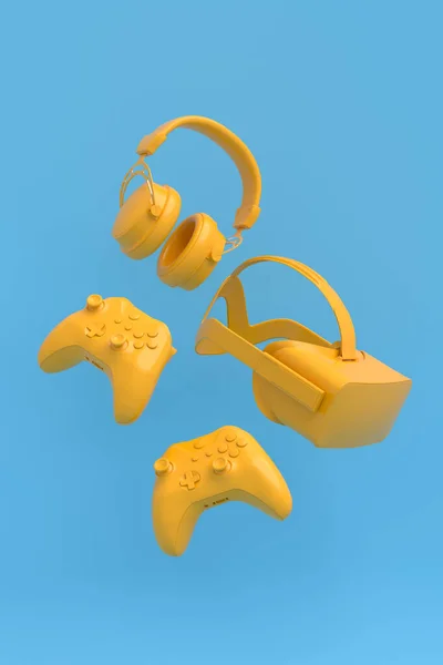 Engranajes Gamer Monocromáticos Voladores Como Gafas Auriculares Joystick Sobre Fondo —  Fotos de Stock