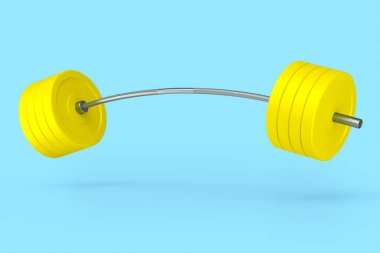 Mavi arka planda sarı diskleri olan soyut metal halterler.