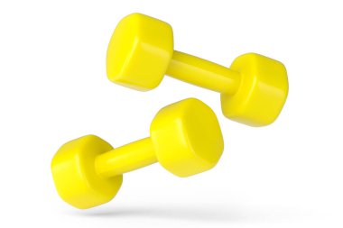 Beyaz arka planda izole edilmiş bir çift sarı dambıl. Spor malzemelerinin fitness ve powerlift için 3D yorumlaması