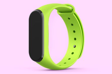 Yeşil fitness takip cihazı ya da kalp atış hızı monitörlü akıllı saat pembe arka planda izole. Etkin eğitim ve giyilebilir aygıt için 3D spor ekipmanı hazırlama.