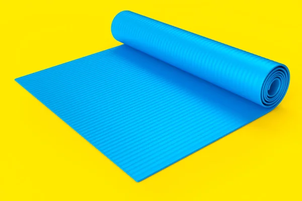 蓝色瑜伽垫或轻质泡沫露营床胶垫隔离在黄色背景 3D提供用于健身 瑜伽和积极锻炼的体育设备 — 图库照片