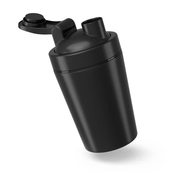 用于蛋白质饮料的黑色塑料运动振动器 在白色背景下分离 运动食品鸡尾酒容器三维渲染 — 图库照片