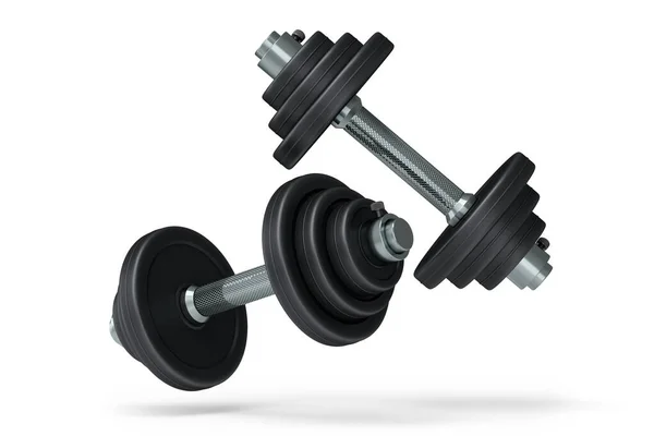 一对哑铃与黑色圆盘隔离在白色背景 3D提供用于健身和举重的体育设备 — 图库照片