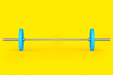 Sarı arka planda mavi diskleri olan soyut metal halterler. Spor malzemelerinin fitness ve powerlift için 3D yorumlaması