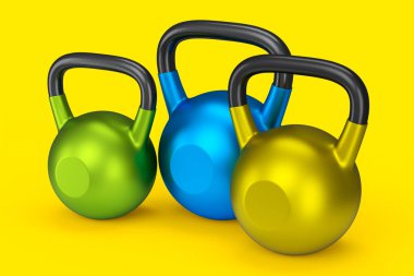 Spor için sarı arka planda izole edilmiş bir spor salonu kettlebell seti. Spor malzemelerinin fitness ve powerlift için 3D yorumlaması