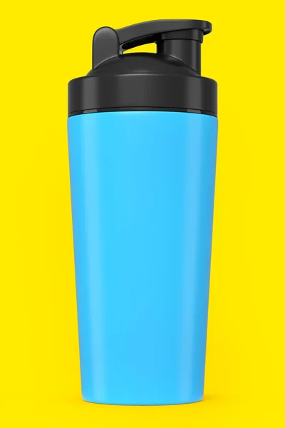 Blauwe Plastic Sport Shaker Voor Proteïne Drank Geïsoleerd Gele Achtergrond — Stockfoto