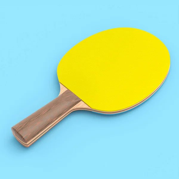 乒乓球用黄色乒乓球球拍 蓝色背景隔离 3D为现役训练提供体育装备 — 图库照片