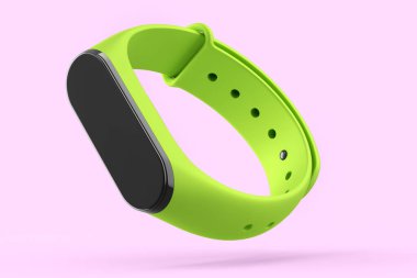 Yeşil fitness takip cihazı ya da kalp atış hızı monitörlü akıllı saat pembe arka planda izole. Etkin eğitim ve giyilebilir aygıt için 3D spor ekipmanı hazırlama.
