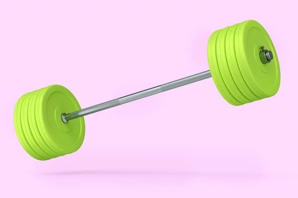 带绿色圆盘的带粉红色背景的抽象金属杠铃 3D提供用于健身和举重的体育设备 — 图库照片