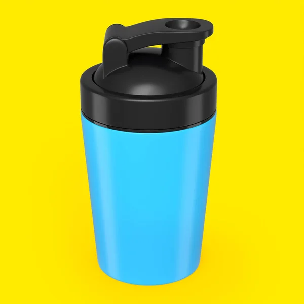 Blauer Kunststoff Sport Shaker Für Proteingetränk Isoliert Auf Gelbem Hintergrund — Stockfoto