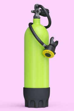 Pembe arka planda izole edilmiş şnorkelle yüzmek için yeşil dalış tankı tam oksijen. Yaz tatili için 3D dalış ve spor malzemesi.