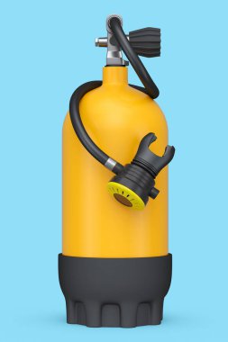 Mavi arka planda, dalış için turuncu dalış tüpü tam oksijen izole edildi. Yaz tatili için 3D dalış ve spor malzemesi.