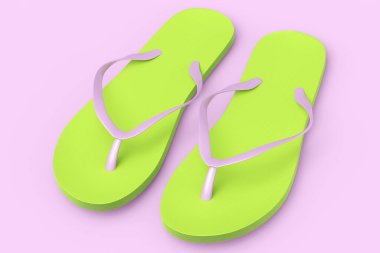 Plaj yeşili terlikler ya da pembe arka planda izole edilmiş sandaletler. 3D sunum konsepti yaz aile tatili