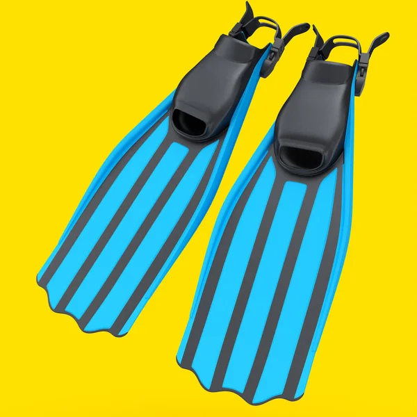 蓝色潜水鳍在黄色背景下被隔离 3D渲染潜水和潜水设备 — 图库照片