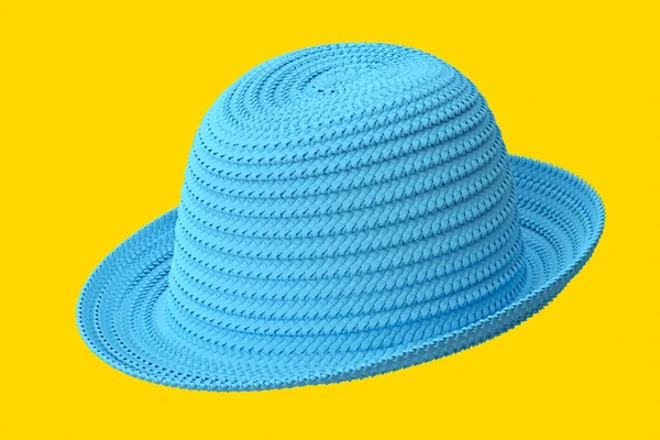 Chapeau Plage Vintage Paille Bleue Isolé Sur Fond Jaune Rendre — Photo