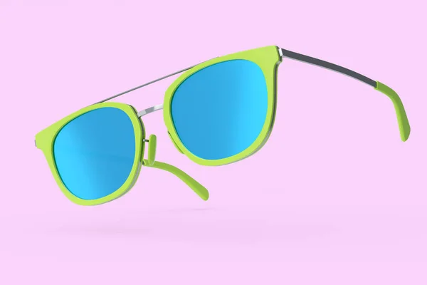 ピンクの背景に夏のためのグラデーションレンズと緑のプラスチックフレームと現実的なサングラス 3Dレンダリング家族旅行のコンセプトと太陽の目の保護 — ストック写真